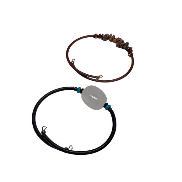 Gemstone Bangle Bracelet Bundle Leather Jasper & White Oval Stone - Picture 1 of 4